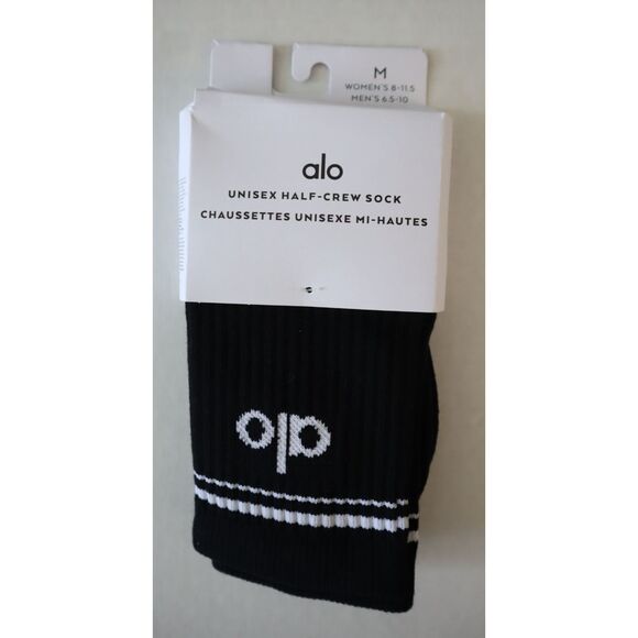 Alo Yoga A0480U Unisex Sz M (W's 8-11.5/M's 6.5-10) Black/White Half-Crew Socks - Picture 1 of 7